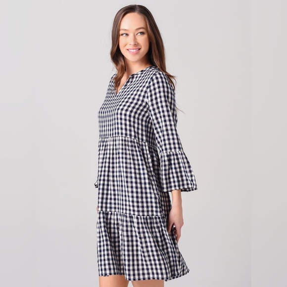 Hartford NWOT Rain Woven Dress, Blue Gingham, French Size 3 Large, Bell Sleeves - Picture 4 of 10